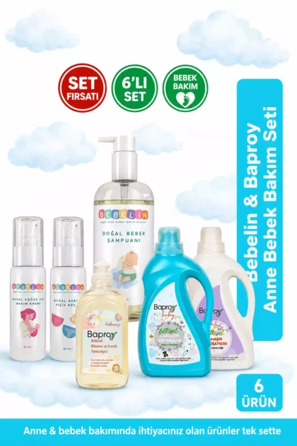 Bebelin & Baproy 6'lı Anne Bebek Bakım Seti | Bebek Şampuanı, Pişik Kremi, Göğüs Ucu Bakım Kremi, Çamaşır Deterjanı, Yumuşatıcı ve Biberon Temizleyici